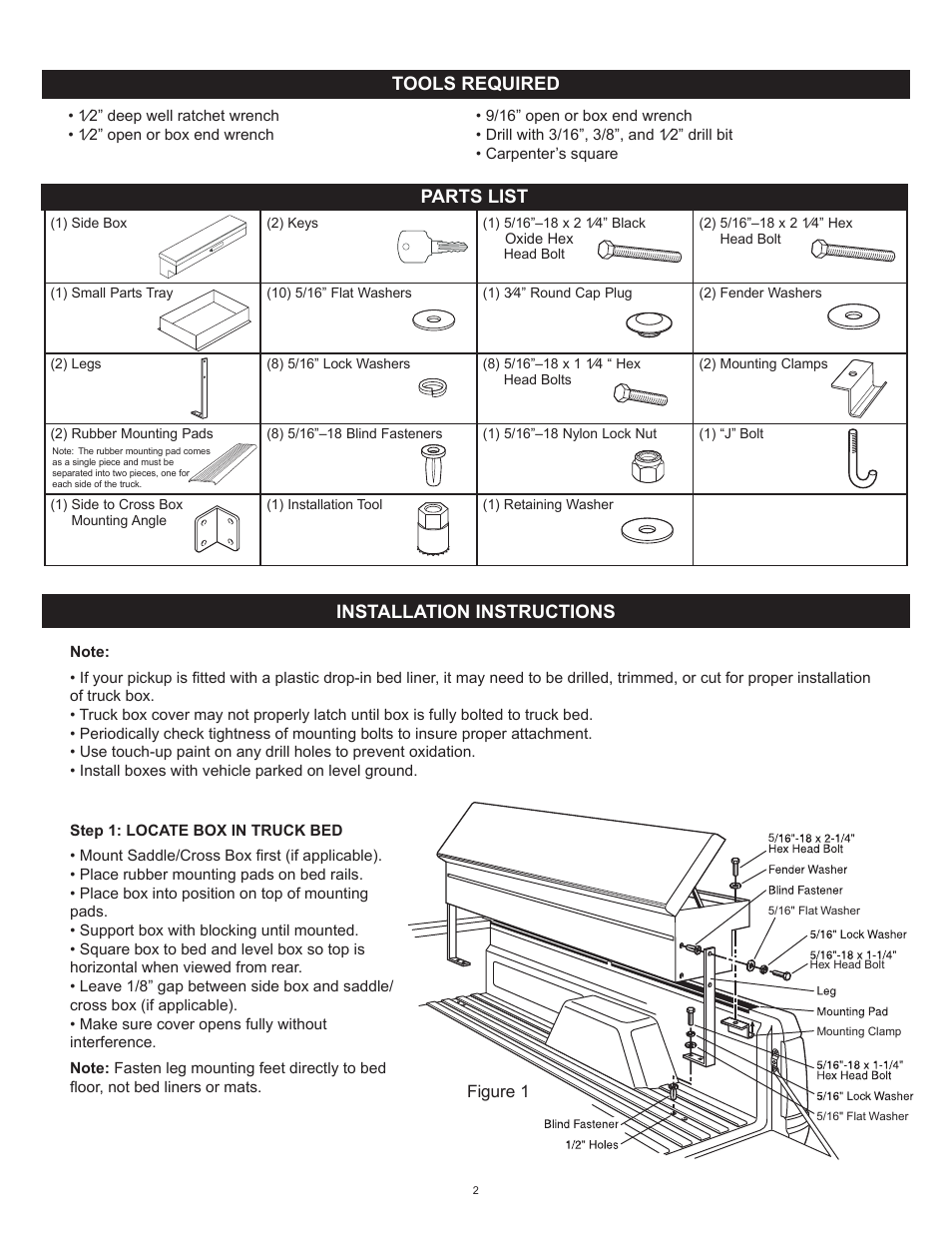 Installation instructions parts list, Tools required | WEATHER GUARD 164-X-01 THRU 186-X-01 User Manual | Page 2 / 18