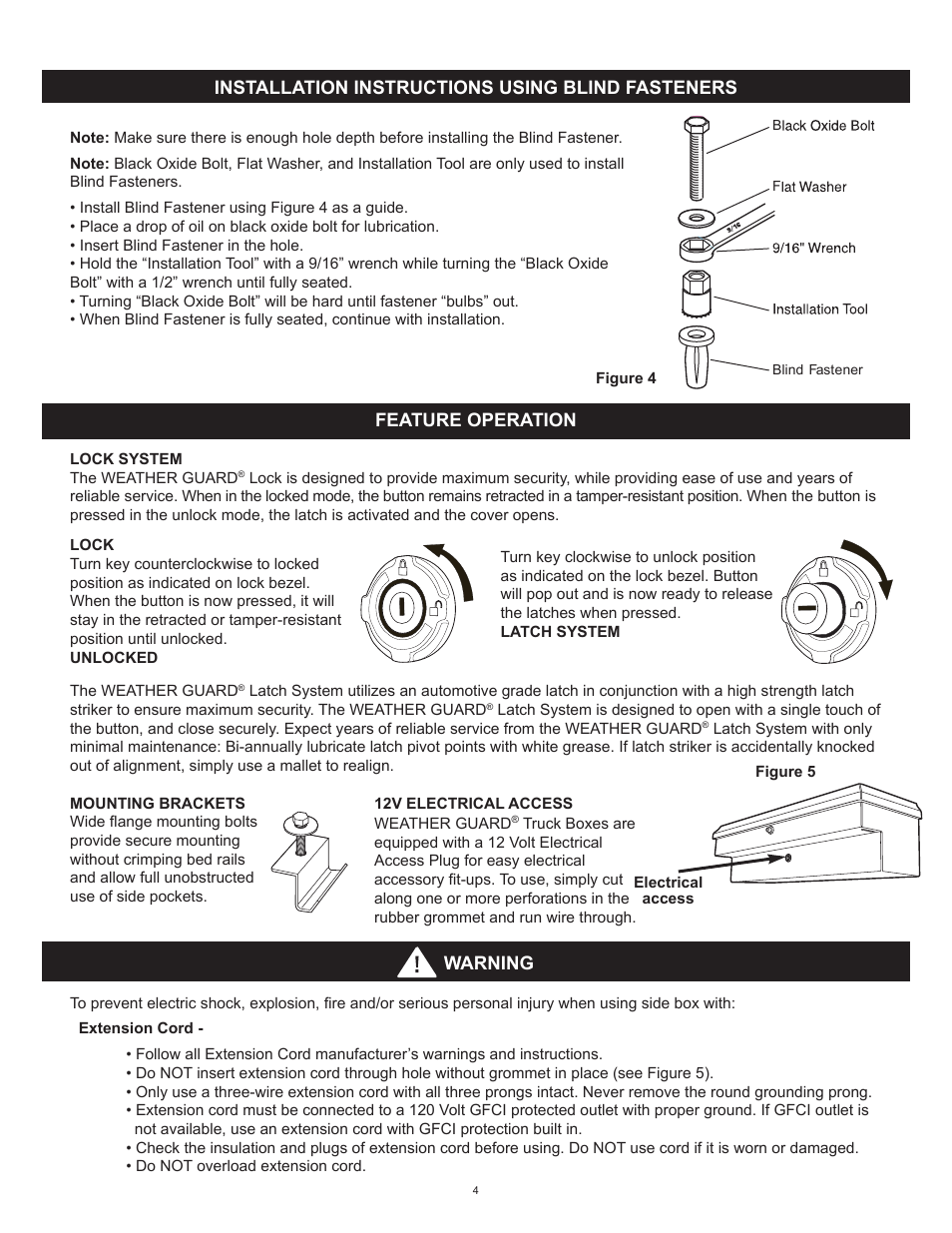 Installation instructions using blind fasteners, Feature operation, Warning | WEATHER GUARD 164-X-01 THRU 186-X-01 User Manual | Page 4 / 18