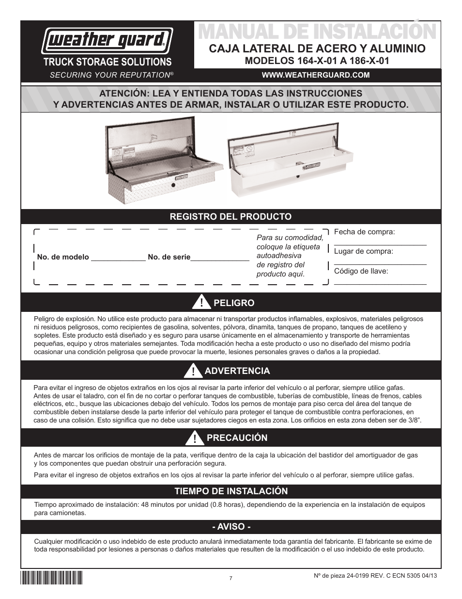 Manual de instalación, Caja lateral de acero y aluminio, Truck storage solutions | WEATHER GUARD 164-X-01 THRU 186-X-01 User Manual | Page 7 / 18