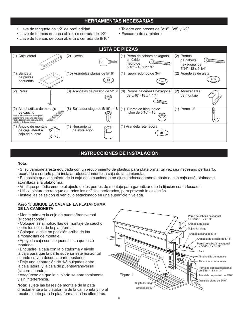 Instrucciones de instalación lista de piezas, Herramientas necesarias | WEATHER GUARD 164-X-01 THRU 186-X-01 User Manual | Page 8 / 18