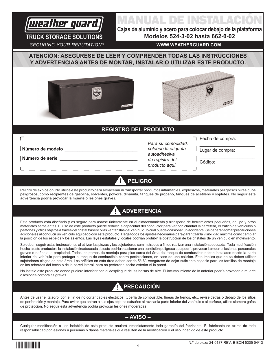 Manual de instalación, Truck storage solutions | WEATHER GUARD 524-3-02 through 662-0-02 User Manual | Page 4 / 9