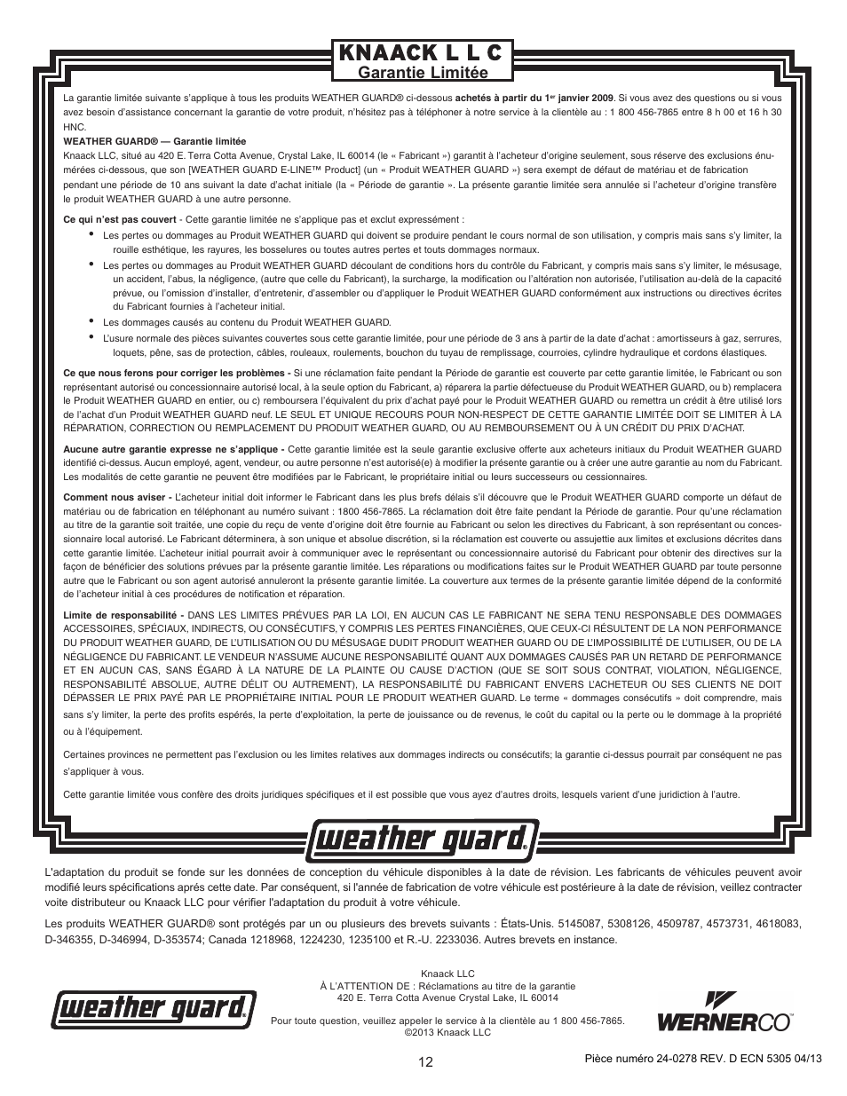 Garantie limitée | WEATHER GUARD 143-0-01 User Manual | Page 12 / 12