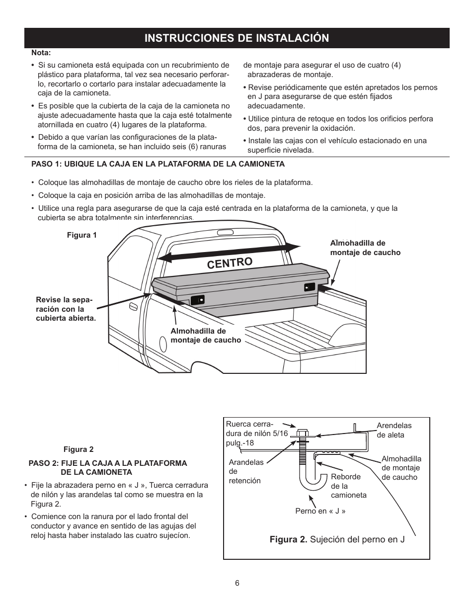 Instrucciones de instalación, Centro | WEATHER GUARD 143-0-01 User Manual | Page 6 / 12
