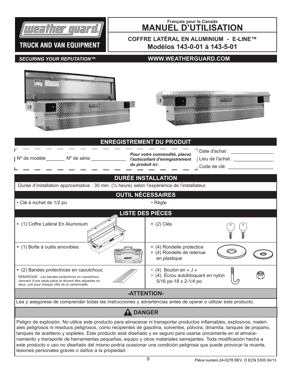 Manuel d’utilisation, Coffre latéral en aluminium - e-line, Durée installation outil nécessaires | Liste des piéces, Attention- danger | WEATHER GUARD 143-0-01 User Manual | Page 9 / 12