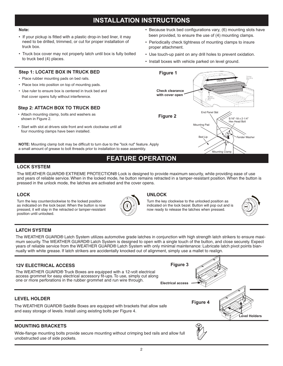 Installation instructions, Feature operation | WEATHER GUARD 121-0-01 User Manual | Page 2 / 12