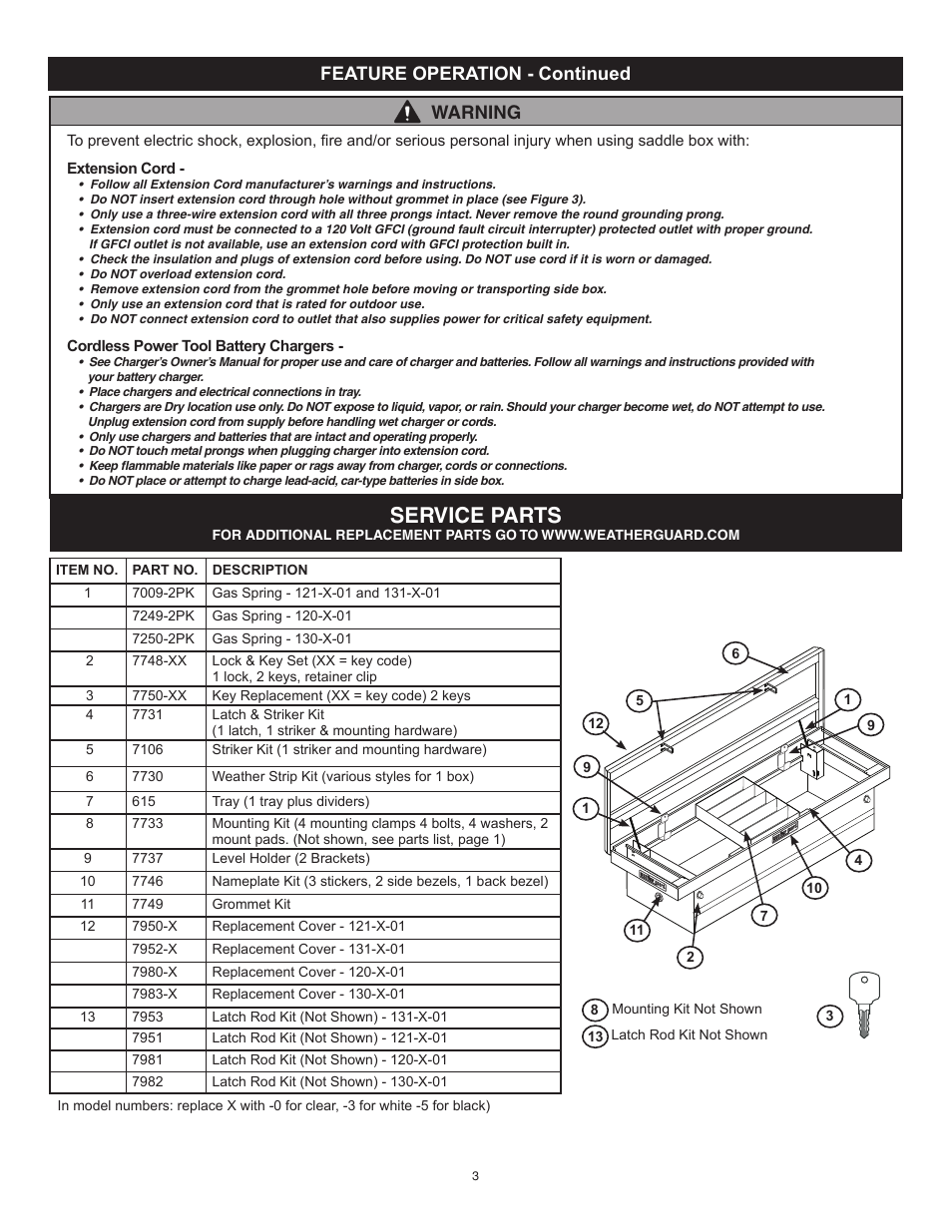 Service parts, Warning, Feature operation - continued | WEATHER GUARD 121-0-01 User Manual | Page 3 / 12