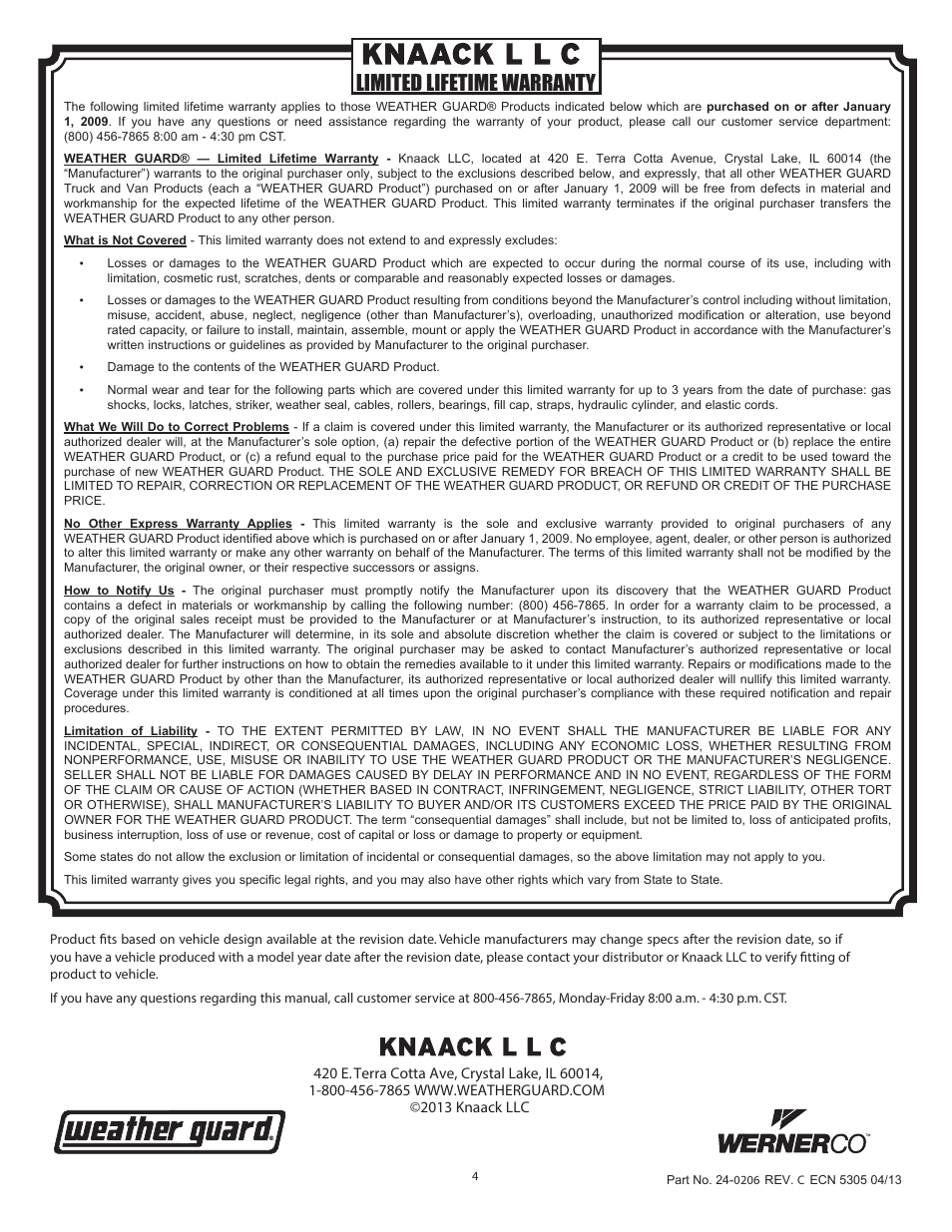Limited lifetime warranty | WEATHER GUARD 121-0-01 User Manual | Page 4 / 12