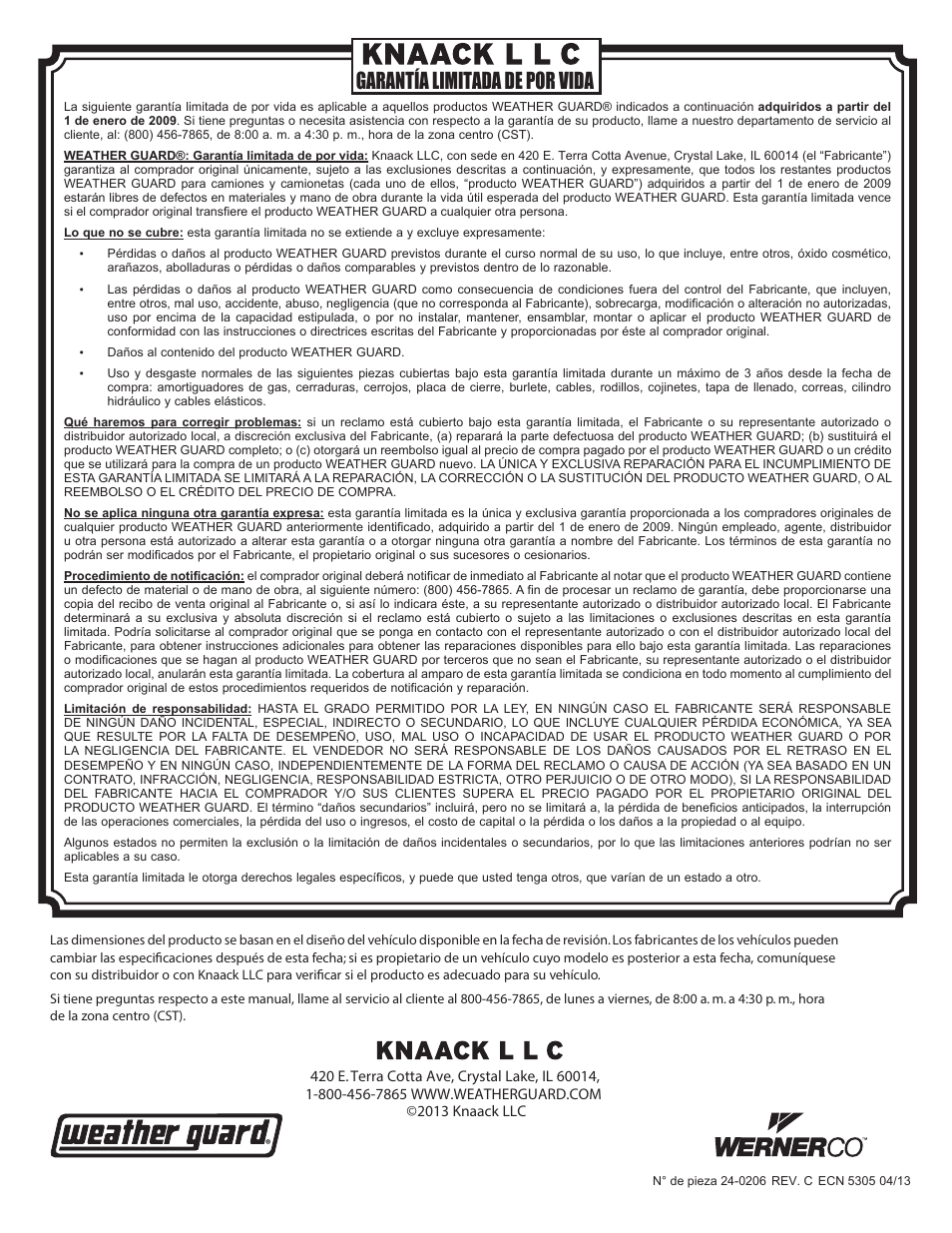 Garantía limitada de por vida | WEATHER GUARD 121-0-01 User Manual | Page 8 / 12