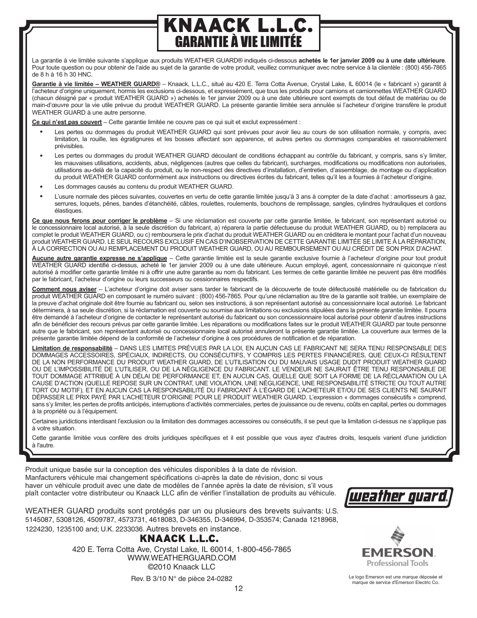 Garantie à vie limitée | WEATHER GUARD 117-0-02 User Manual | Page 12 / 12