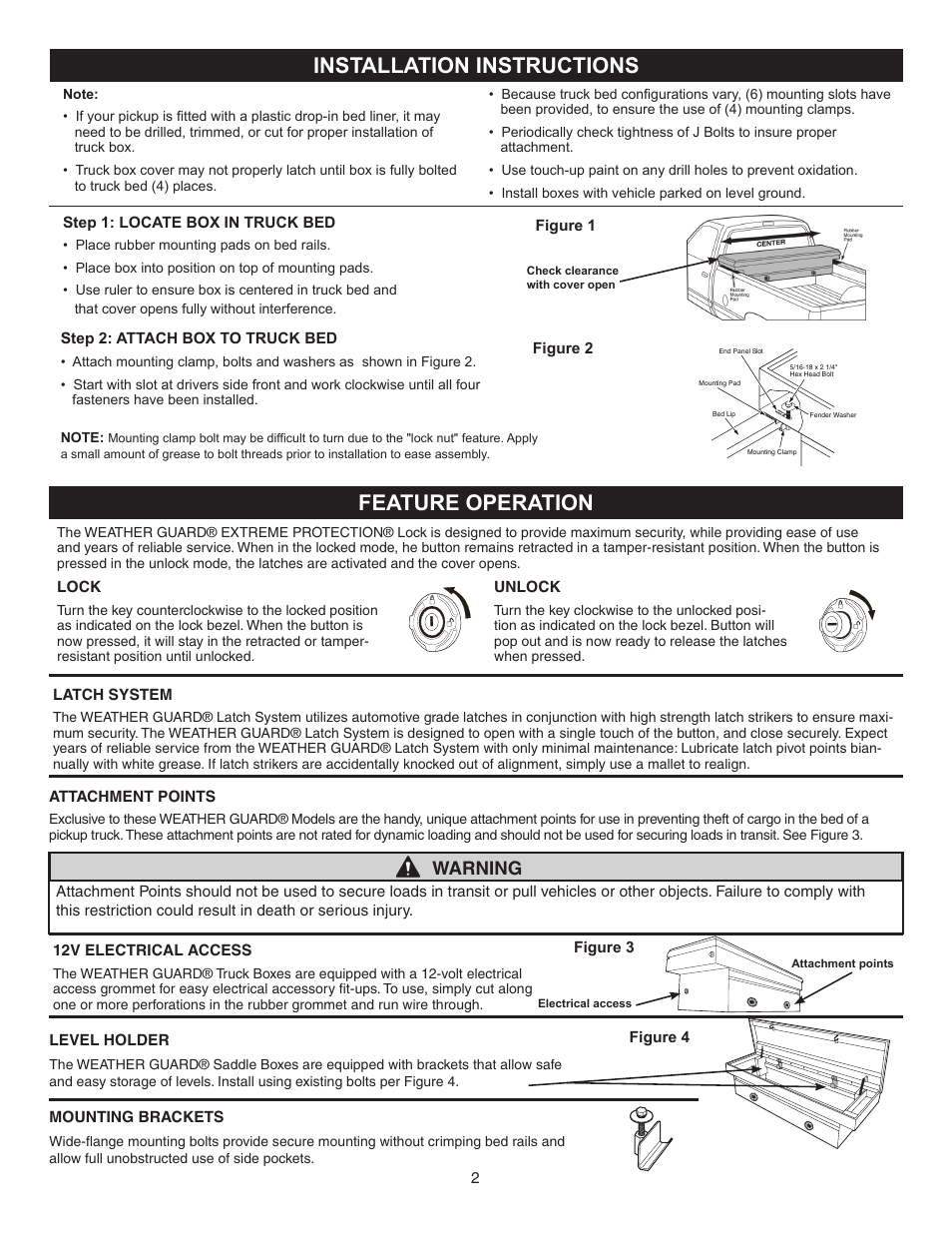 Installation instructions, Feature operation, Warning | WEATHER GUARD 117-0-02 User Manual | Page 2 / 12