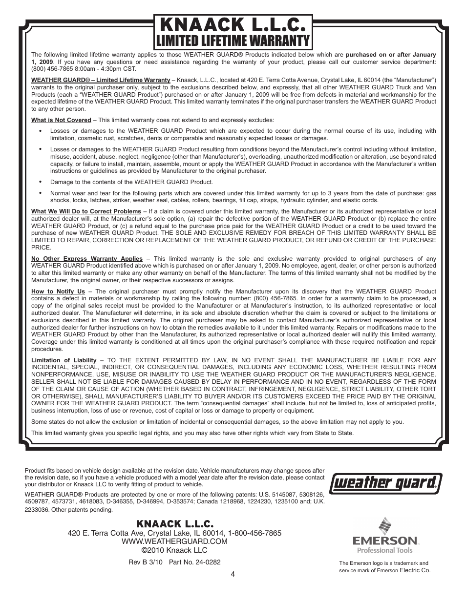 Limited lifetime warranty | WEATHER GUARD 117-0-02 User Manual | Page 4 / 12