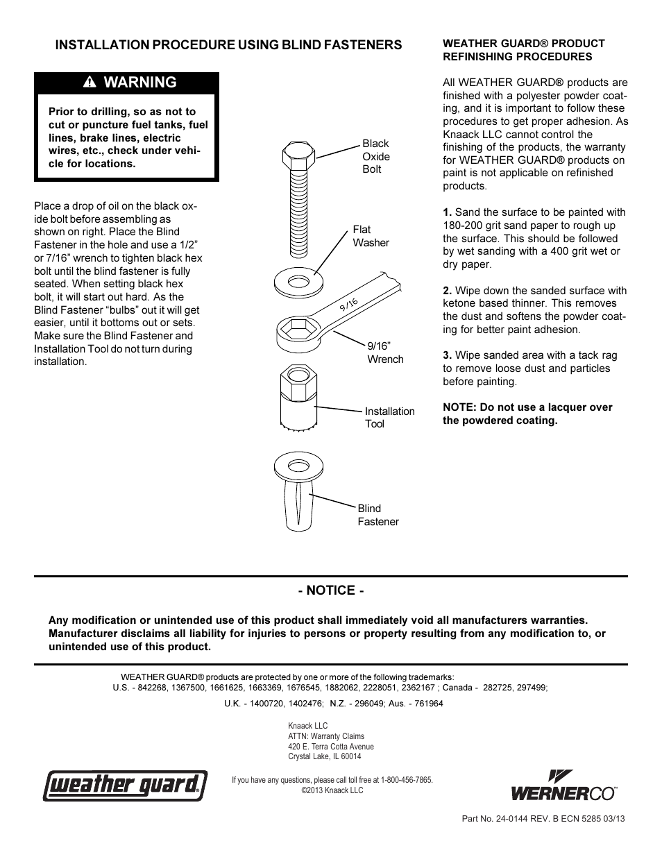 Warning | WEATHER GUARD 301 through 338 User Manual | Page 6 / 6