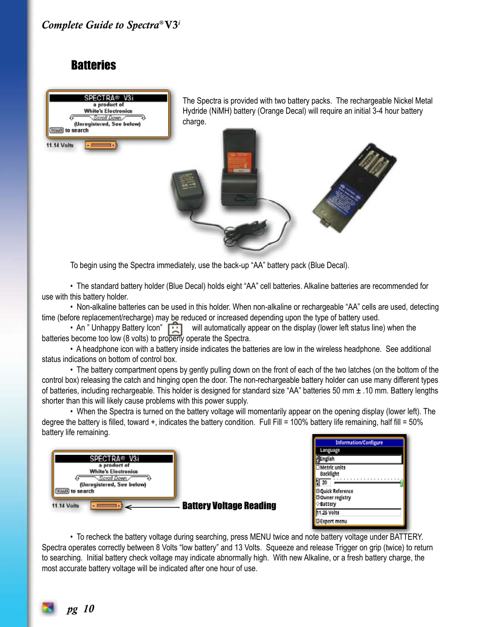 Batteries, Pg 0, Complete guide to spectra v3 | White’s Electronics Spectra V3i User Manual | Page 10 / 64