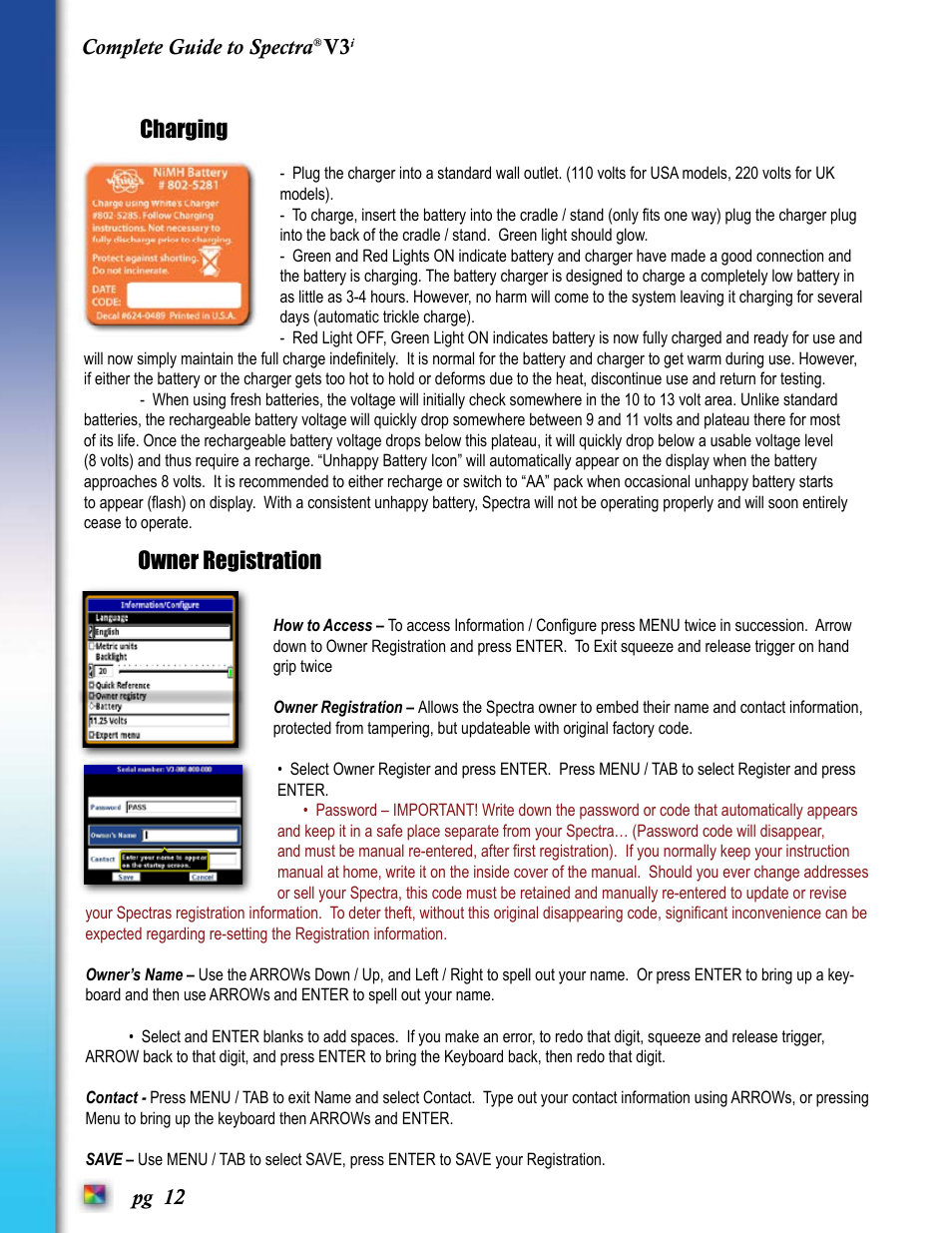 Charging, Owner registration, Complete guide to spectra v3 | White’s Electronics Spectra V3i User Manual | Page 12 / 64