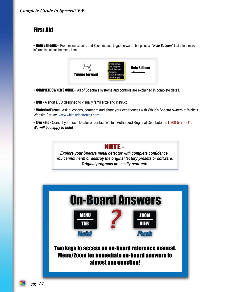 Six bl ock, First aid | White’s Electronics Spectra V3i User Manual | Page 14 / 64