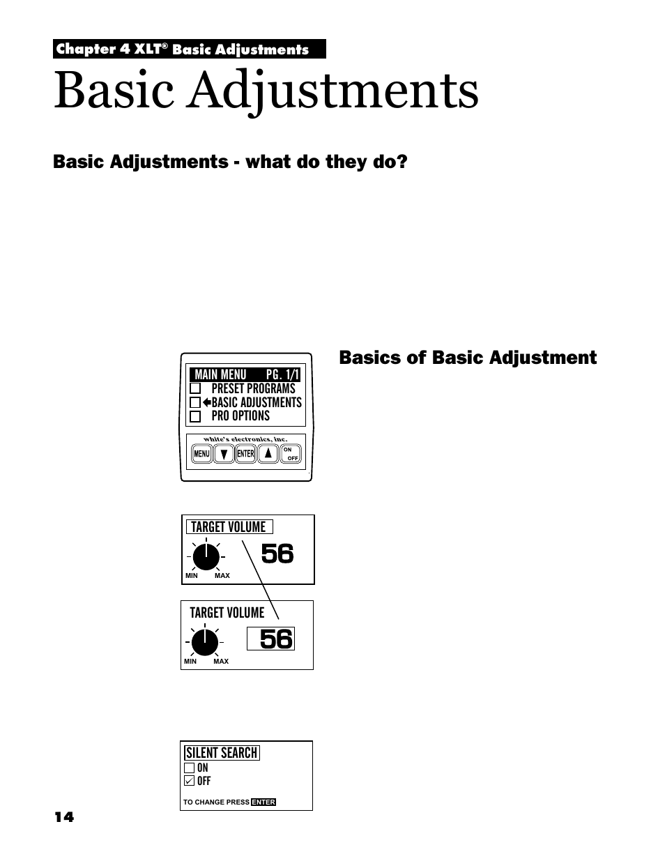 Basic adjustments, Basics of basic adjustment, Basic adjustments - what do they do | White’s Electronics Spectrum XLT User Manual | Page 14 / 56