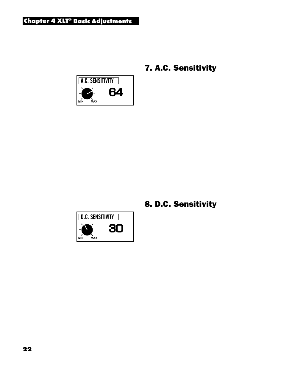 A.c. sensitivity, D.c. sensitivity | White’s Electronics Spectrum XLT User Manual | Page 22 / 56