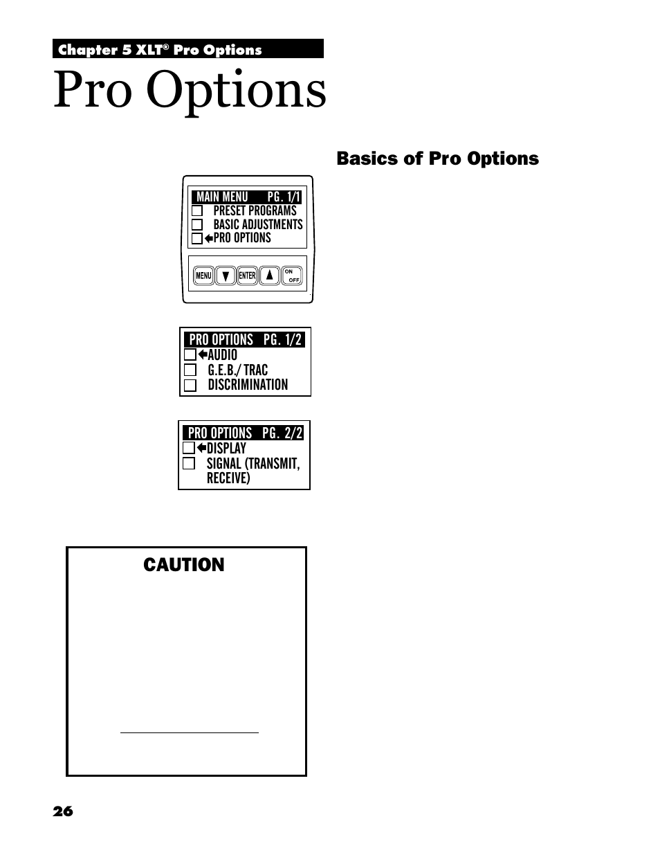 Pro options, Basics of pro options, Caution | White’s Electronics Spectrum XLT User Manual | Page 26 / 56