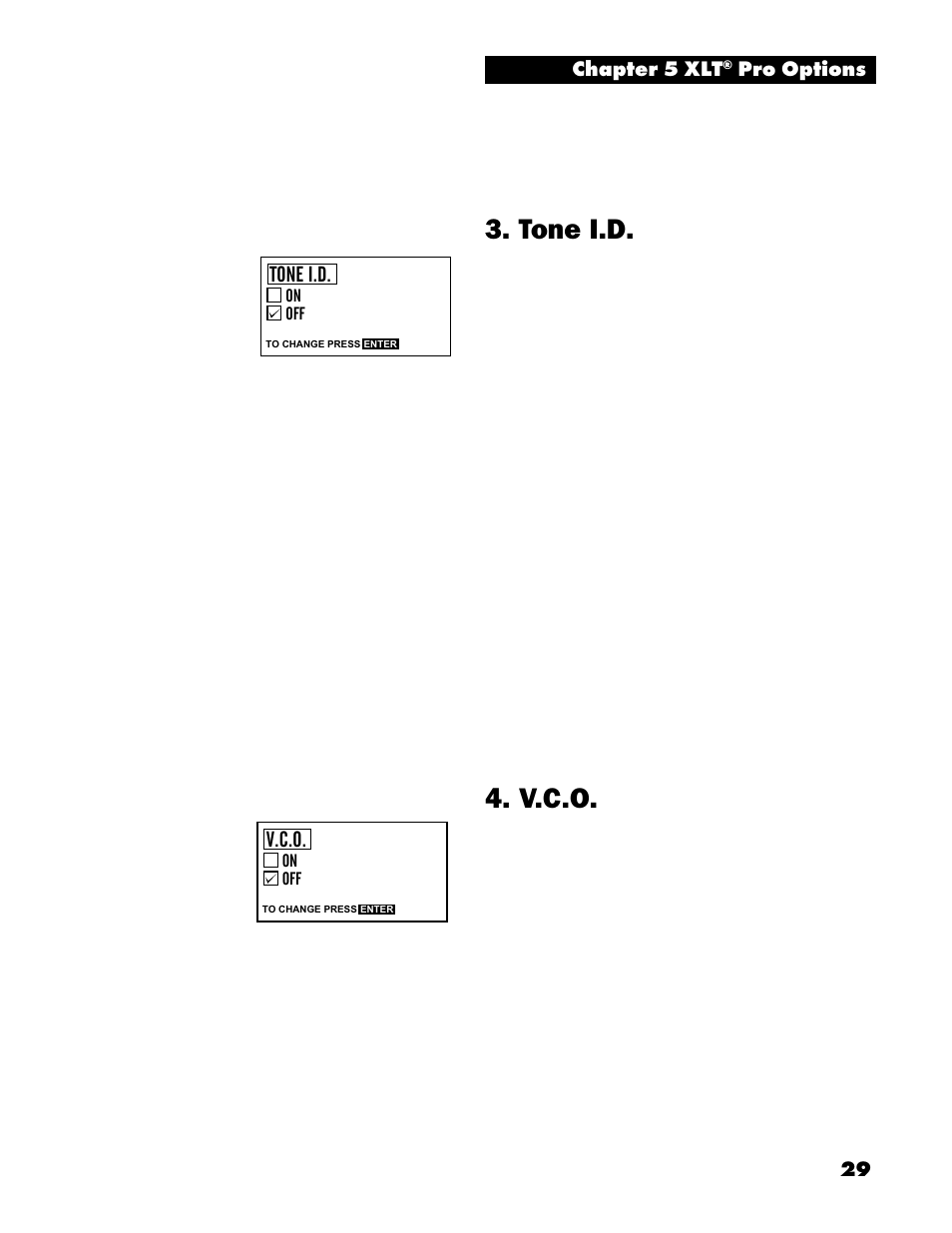 Tone i.d, V.c.o, 29 chapter 5 xlt | Pro options | White’s Electronics Spectrum XLT User Manual | Page 29 / 56