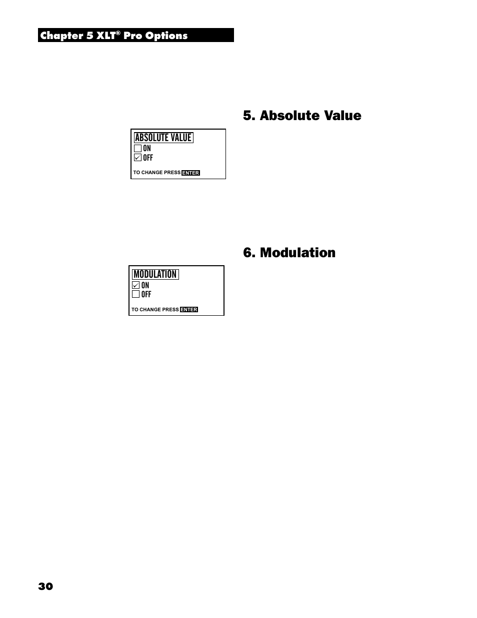Absolute value, Modulation, 30 chapter 5 xlt | Pro options | White’s Electronics Spectrum XLT User Manual | Page 30 / 56