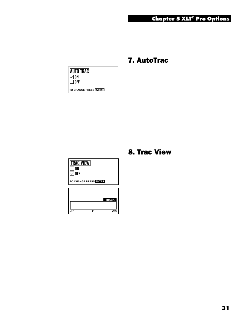 Autotrac, Trac view, Auto trac | Chapter 5 xlt, Pro options | White’s Electronics Spectrum XLT User Manual | Page 31 / 56