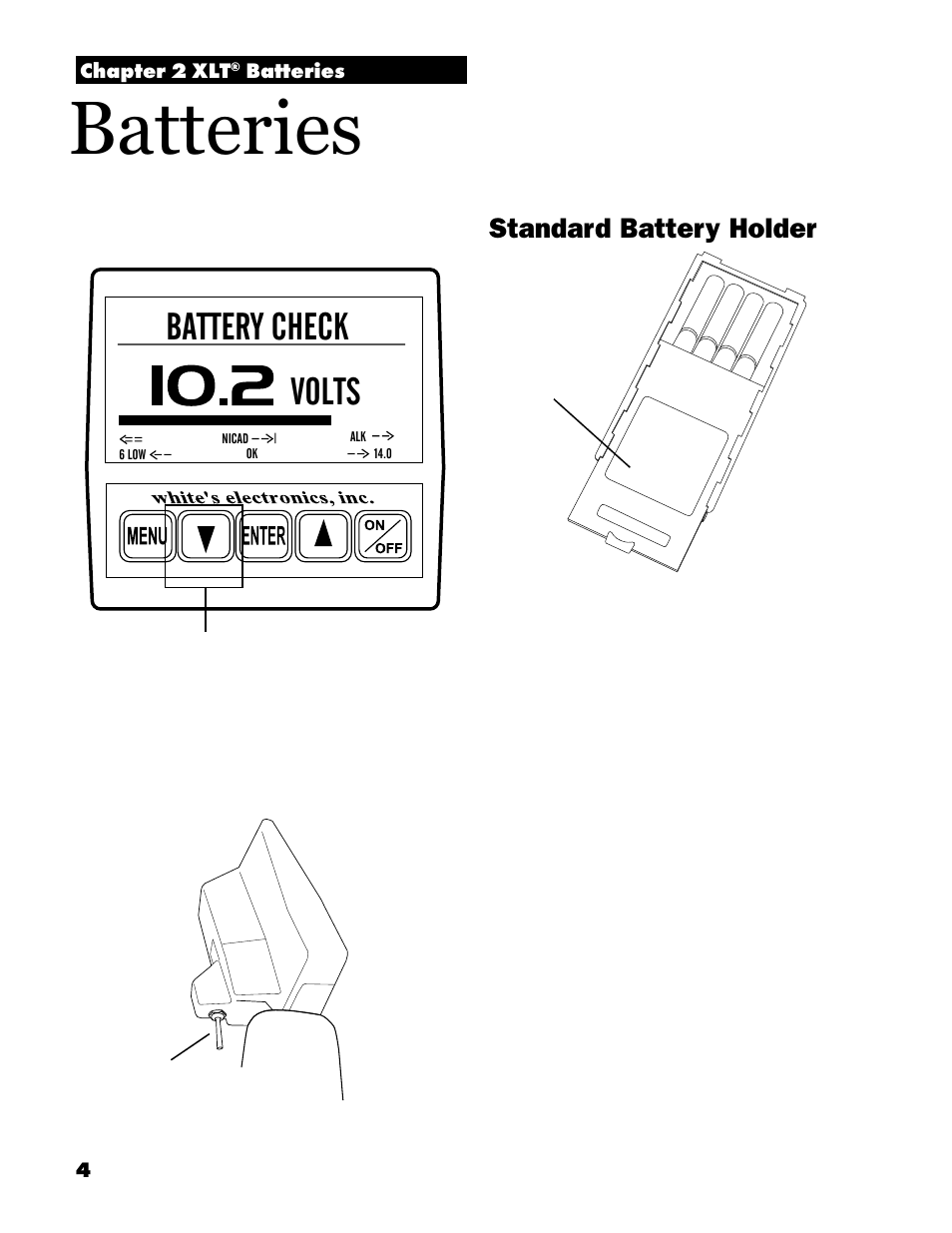 Batteries, Battery check volts, Standard battery holder | White’s Electronics Spectrum XLT User Manual | Page 4 / 56