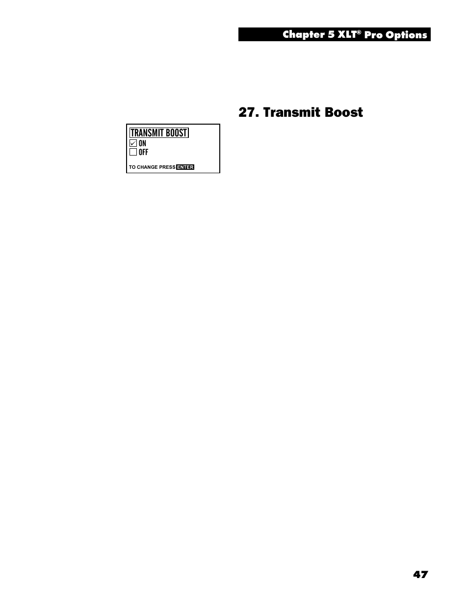 Transmit boost, 47 chapter 5 xlt, Pro options transmit boost | White’s Electronics Spectrum XLT User Manual | Page 47 / 56