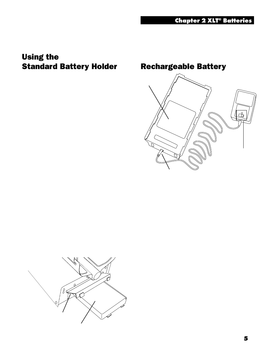 Rechargeable battery, Using the standard battery holder, 5chapter 2 xlt | Batteries | White’s Electronics Spectrum XLT User Manual | Page 5 / 56