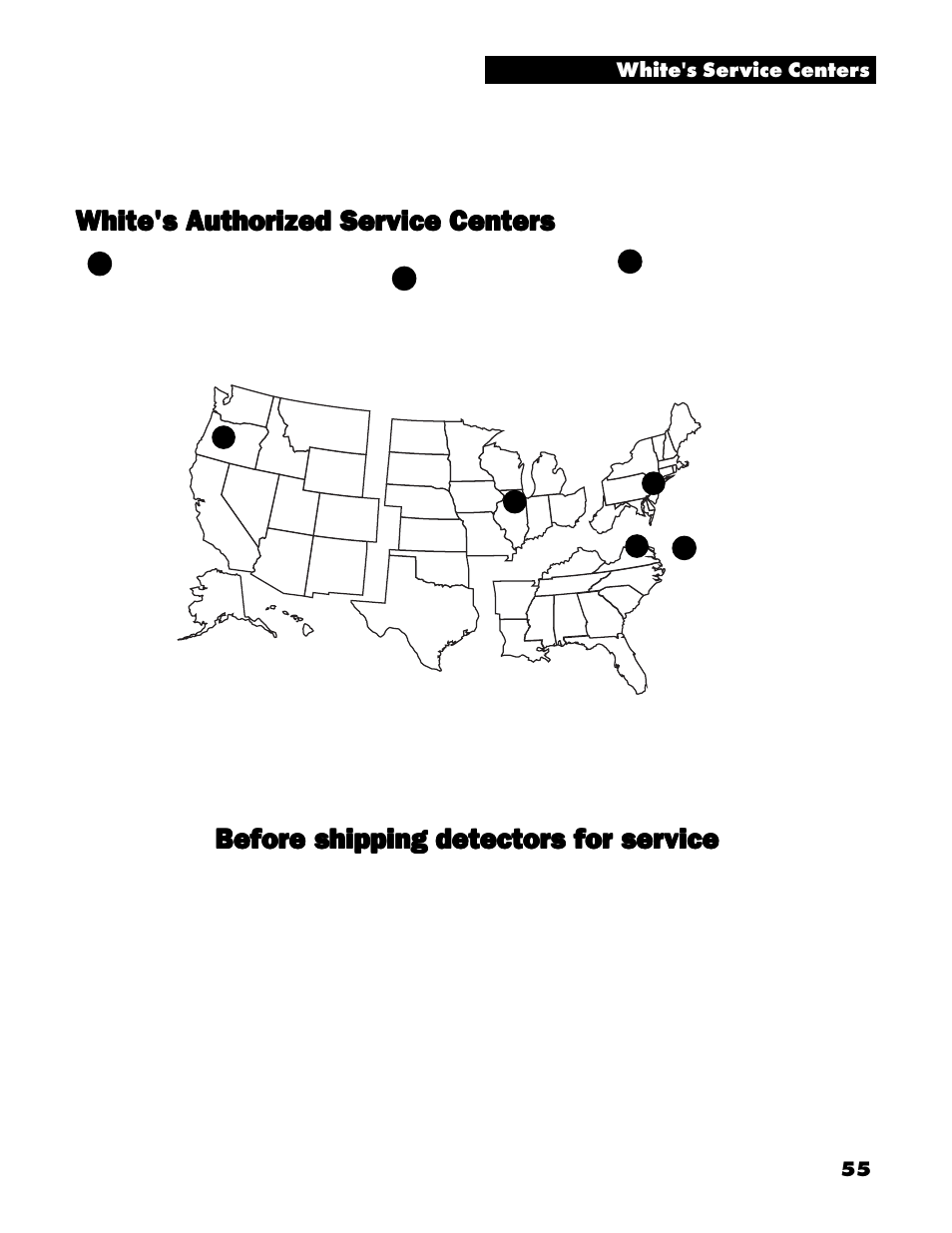 White's authorized service centers, Before shipping detectors for service | White’s Electronics Spectrum XLT User Manual | Page 55 / 56