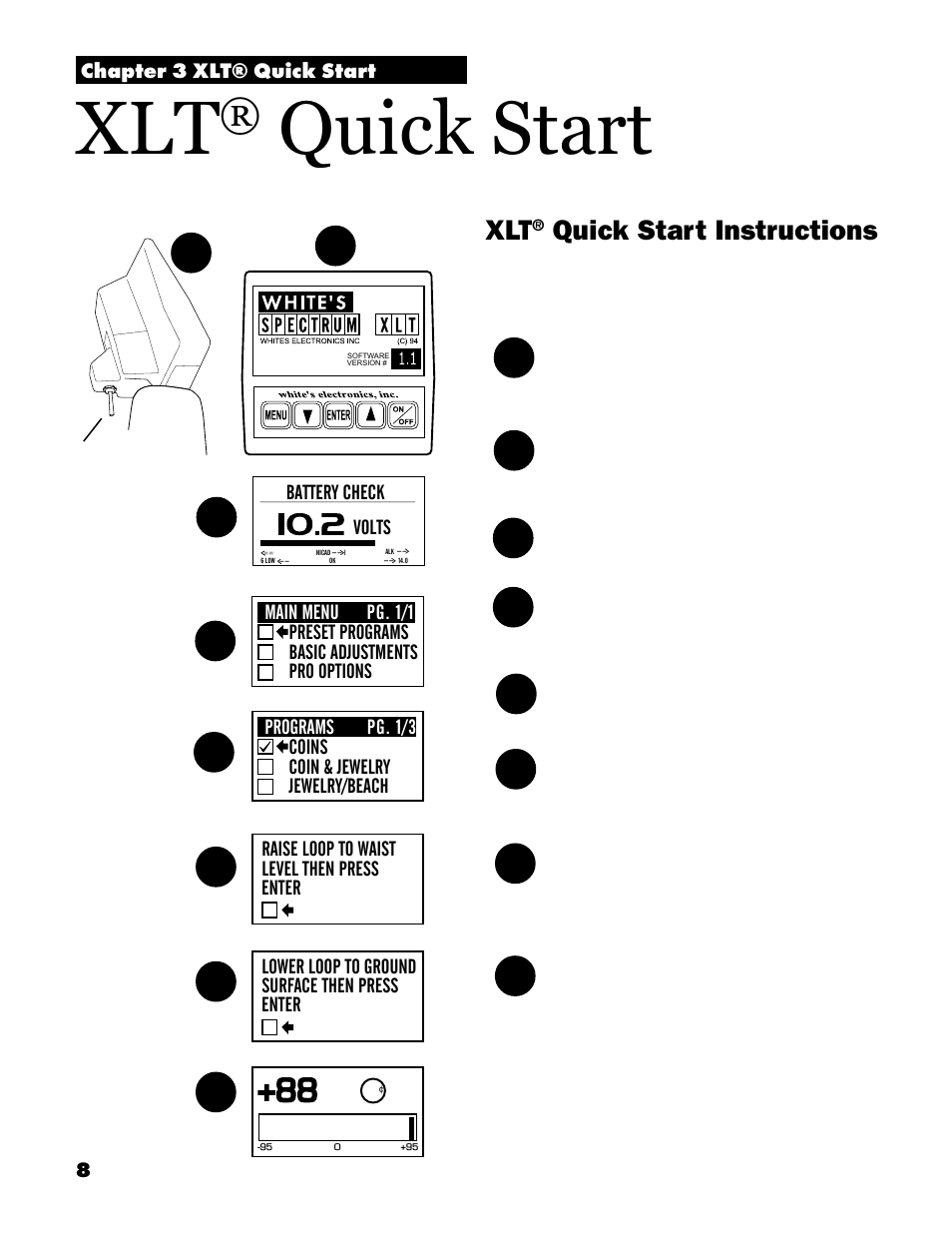 Quick start, Quick start instructions | White’s Electronics Spectrum XLT User Manual | Page 8 / 56