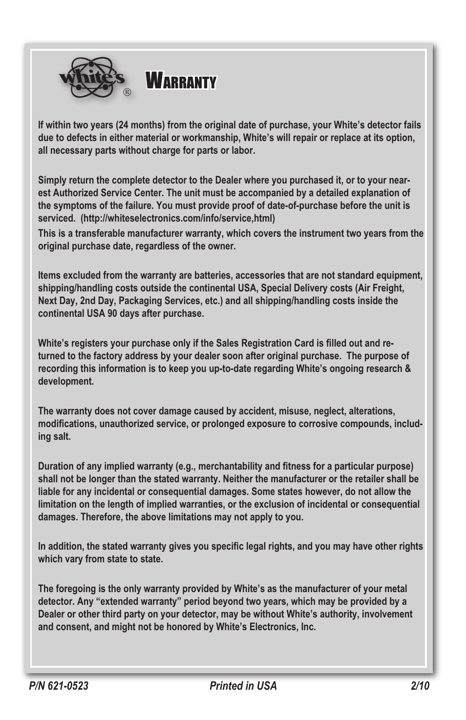 Arranty | White’s Electronics Coinmaster Pro User Manual | Page 4 / 4