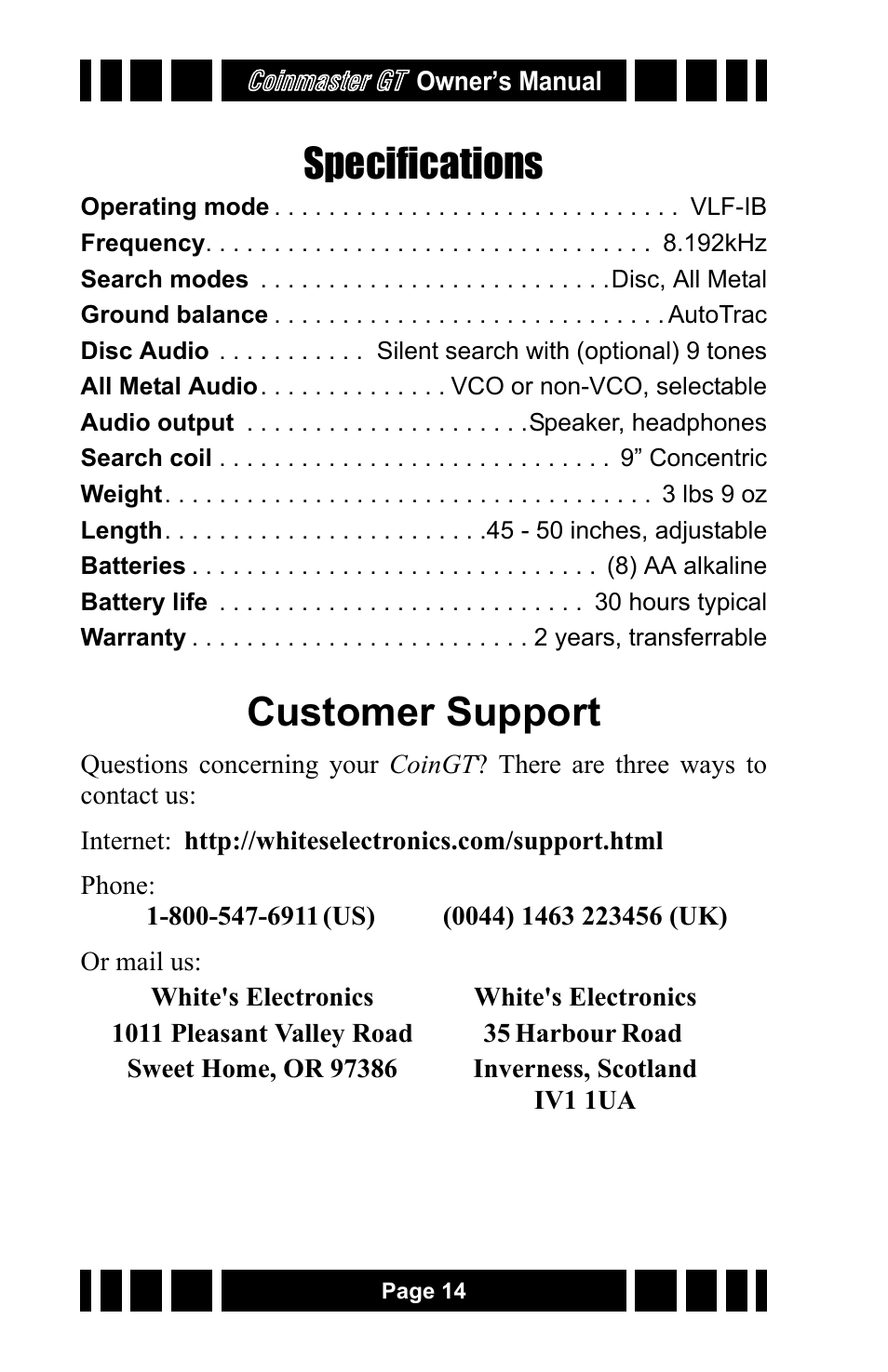 Specifications, Customer support | White’s Electronics Coinmaster GT User Manual | Page 14 / 16