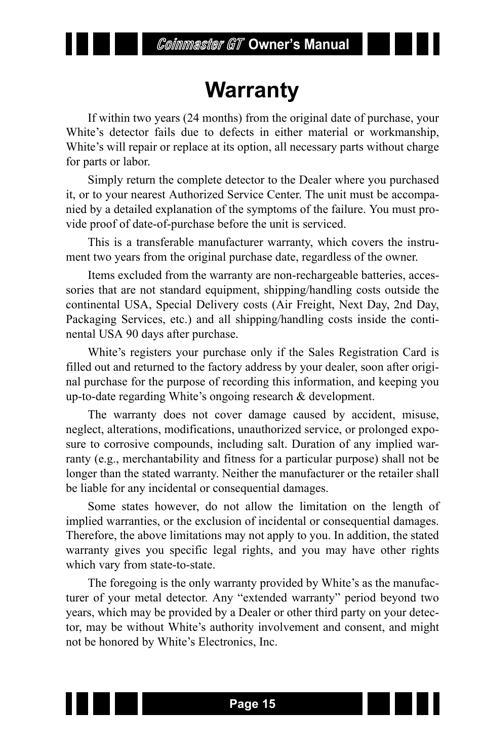 Warranty, Coinmaster gt | White’s Electronics Coinmaster GT User Manual | Page 15 / 16