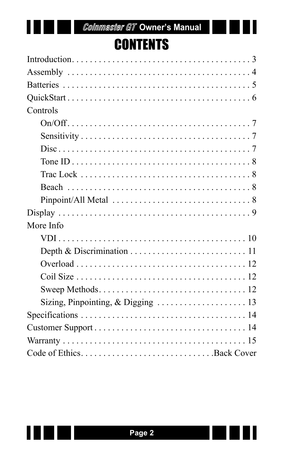 White’s Electronics Coinmaster GT User Manual | Page 2 / 16
