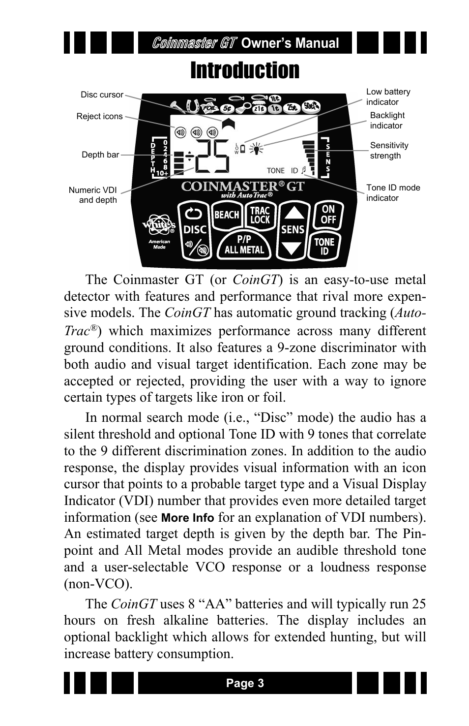 Introduction, Coinmaster gt, Owner’s manual | White’s Electronics Coinmaster GT User Manual | Page 3 / 16