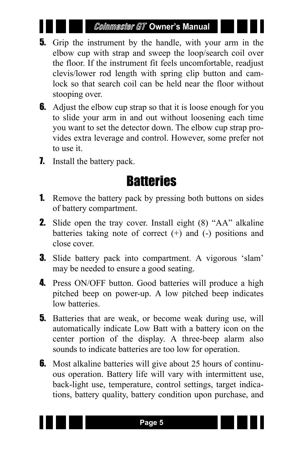 Batteries | White’s Electronics Coinmaster GT User Manual | Page 5 / 16