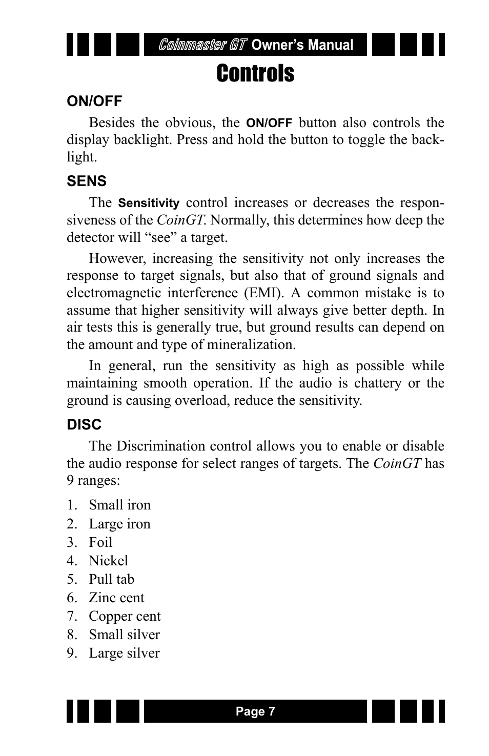 Controls | White’s Electronics Coinmaster GT User Manual | Page 7 / 16