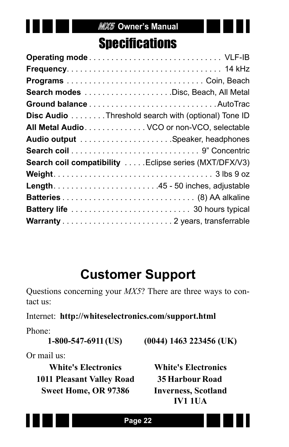 Specifications, Customer support | White’s Electronics MX5 User Manual | Page 22 / 24