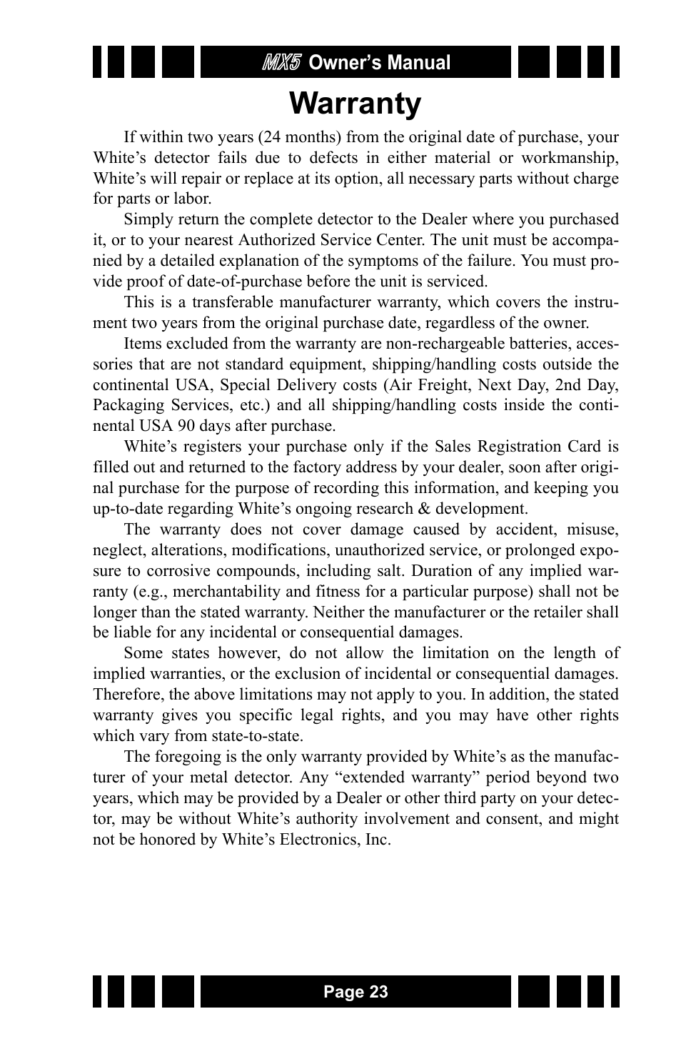 Warranty | White’s Electronics MX5 User Manual | Page 23 / 24