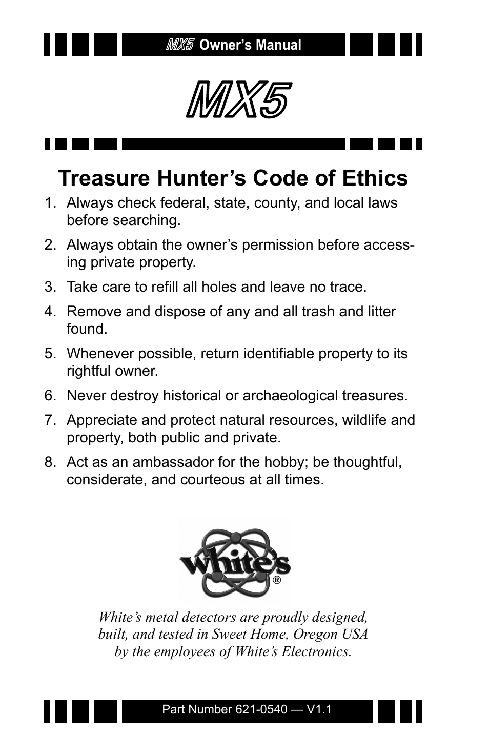 Treasure hunter’s code of ethics | White’s Electronics MX5 User Manual | Page 24 / 24