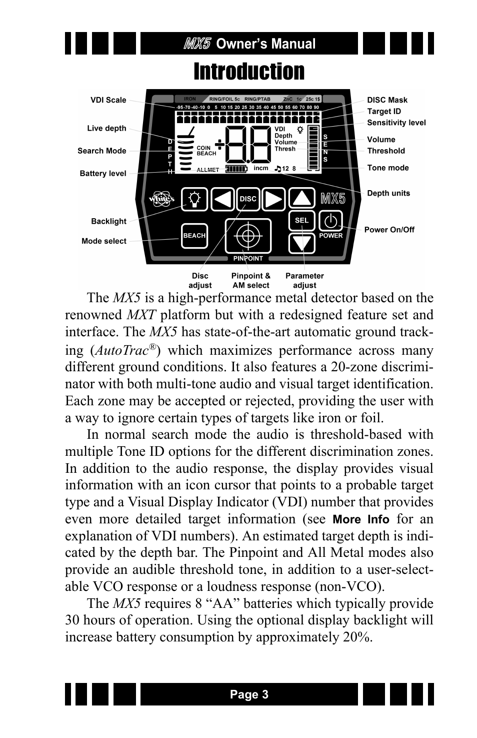 Introduction | White’s Electronics MX5 User Manual | Page 3 / 24