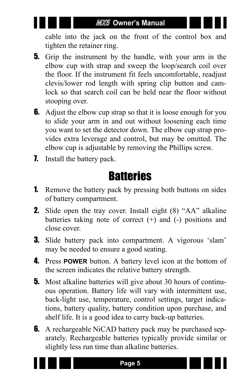 Batteries | White’s Electronics MX5 User Manual | Page 5 / 24