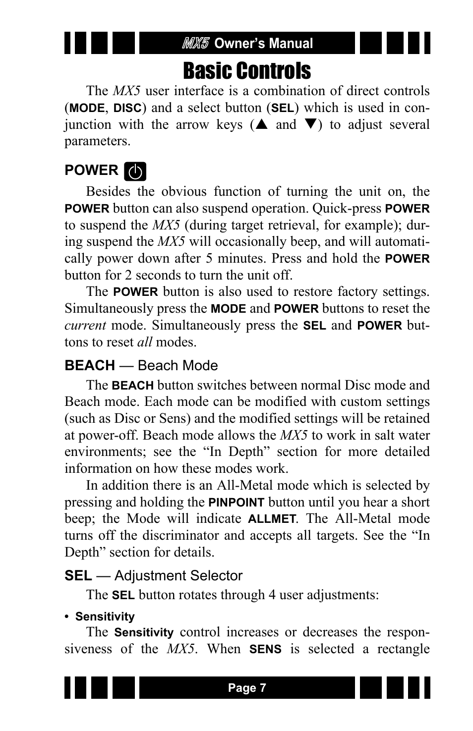 Basic controls | White’s Electronics MX5 User Manual | Page 7 / 24