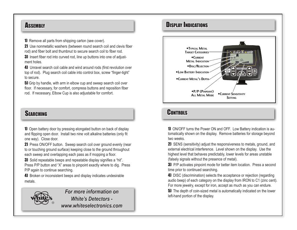 Ssembly, Earching, Ontrols | Isplay, Ndications | White’s Electronics Coinmaster Instruction User Manual | Page 2 / 2