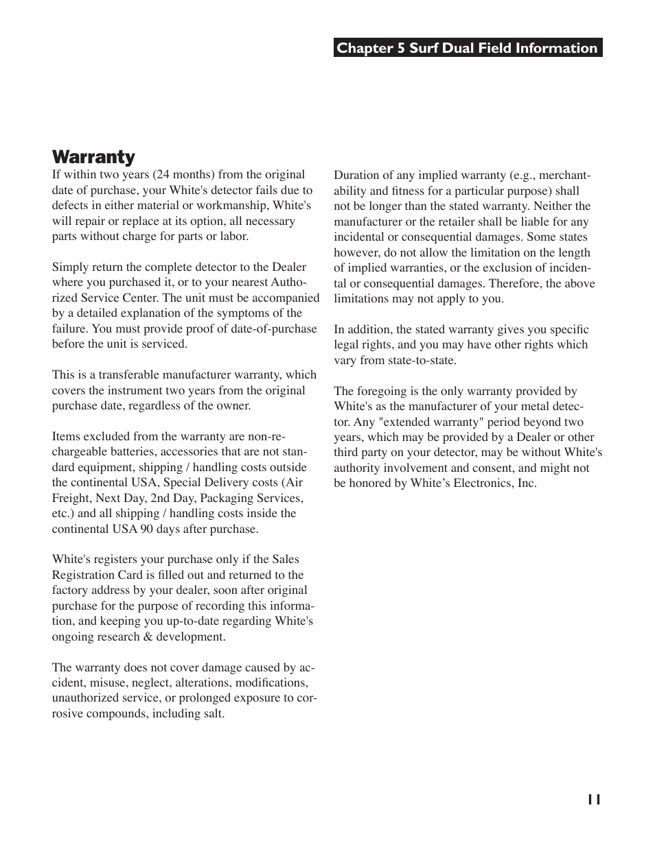 Warranty | White’s Electronics Surfmaster DualField User Manual | Page 11 / 16