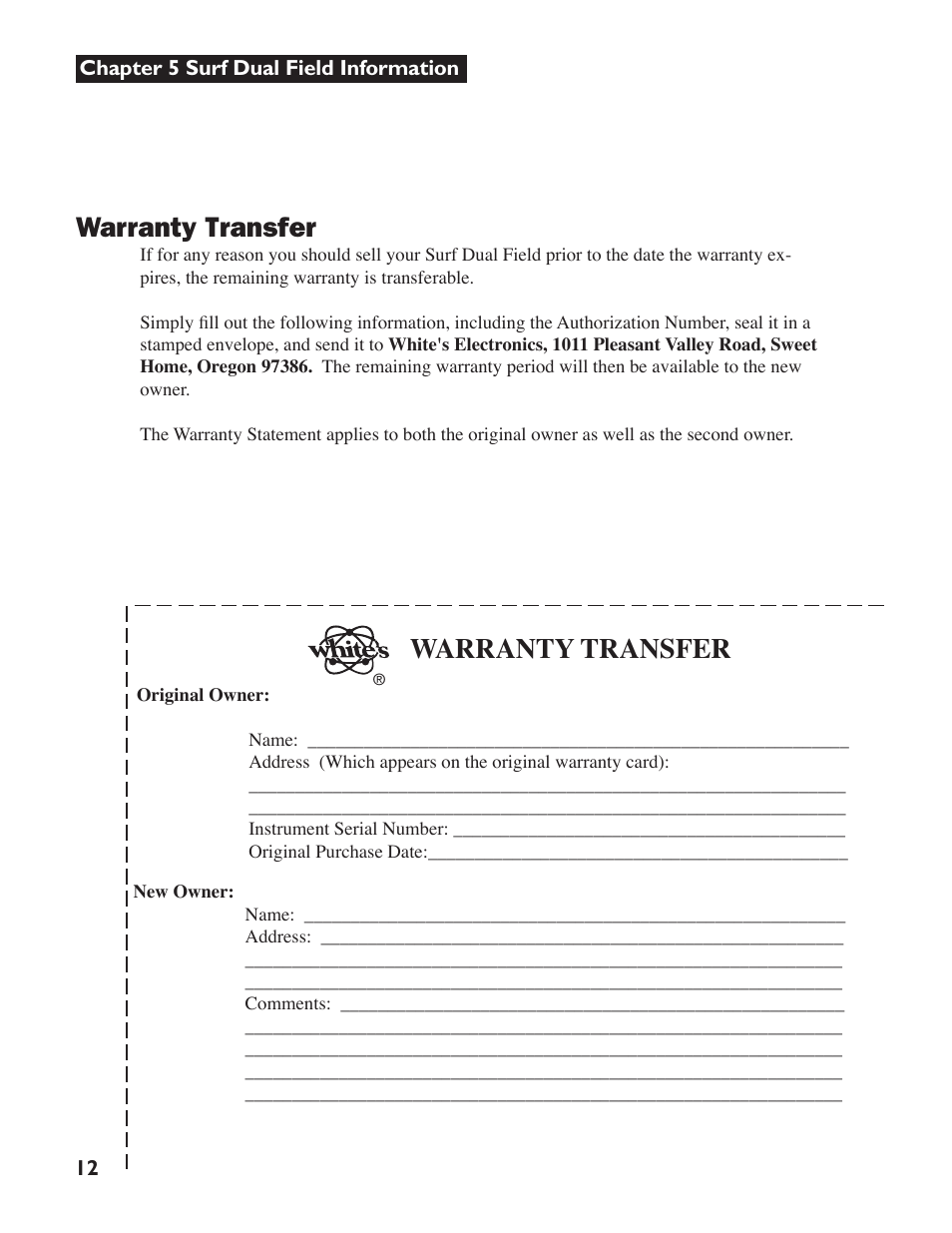 Warranty transfer | White’s Electronics Surfmaster DualField User Manual | Page 12 / 16