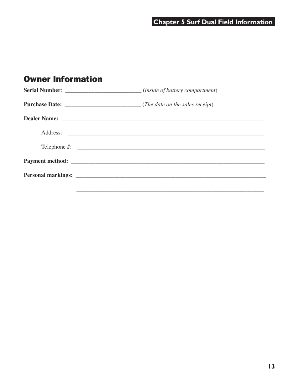 Owner information | White’s Electronics Surfmaster DualField User Manual | Page 13 / 16