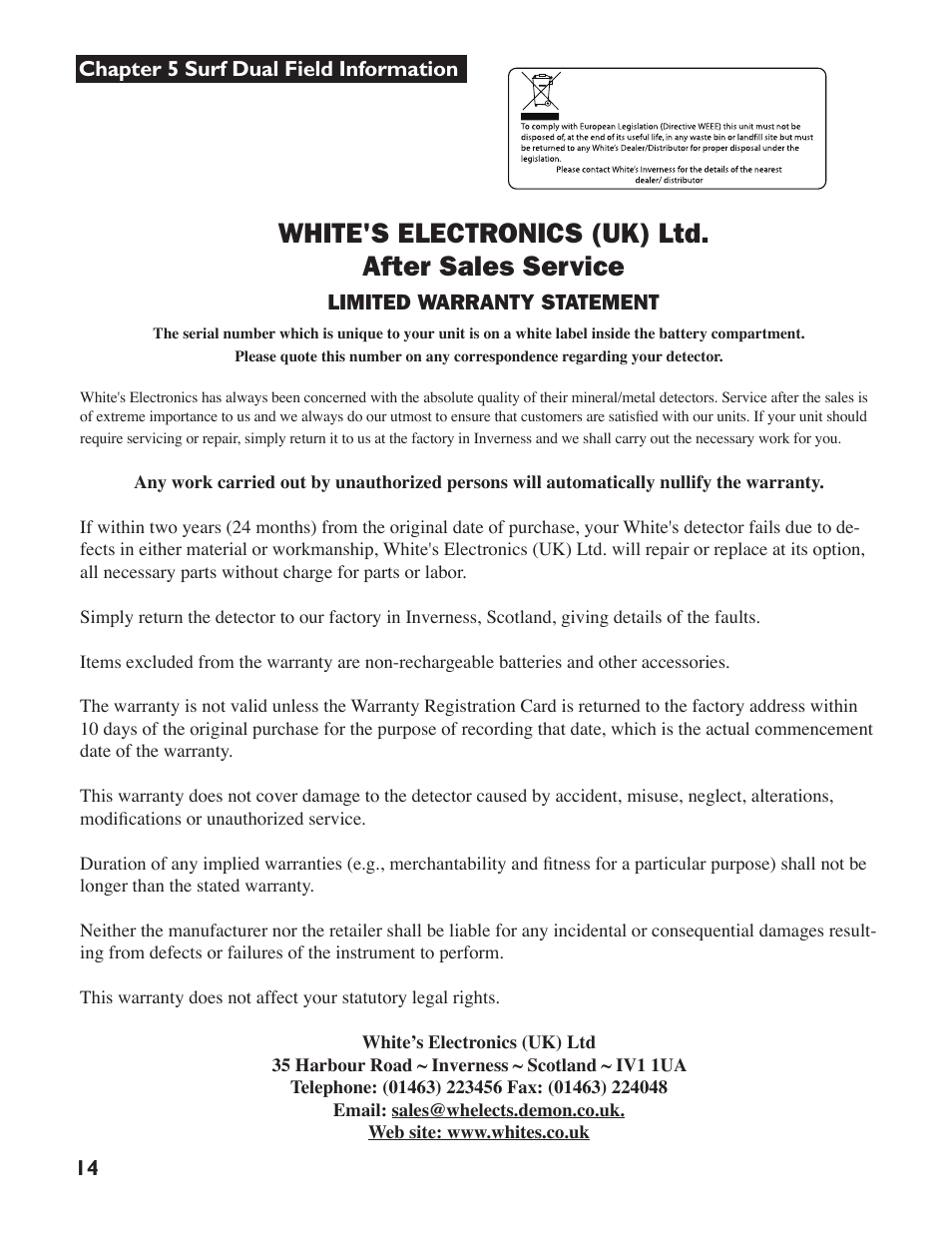 White's electronics (uk) ltd. after sales service | White’s Electronics Surfmaster DualField User Manual | Page 14 / 16
