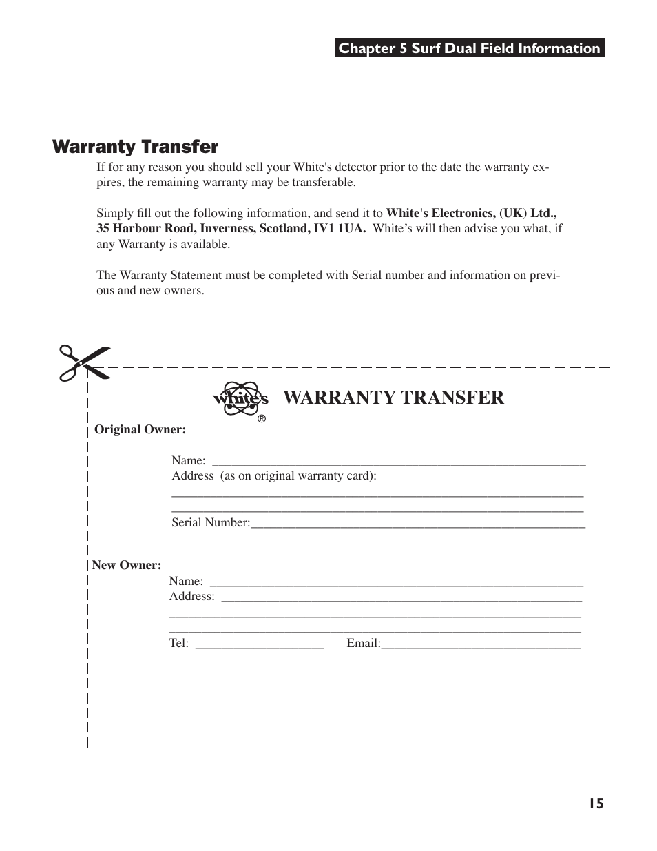 Warranty transfer | White’s Electronics Surfmaster DualField User Manual | Page 15 / 16