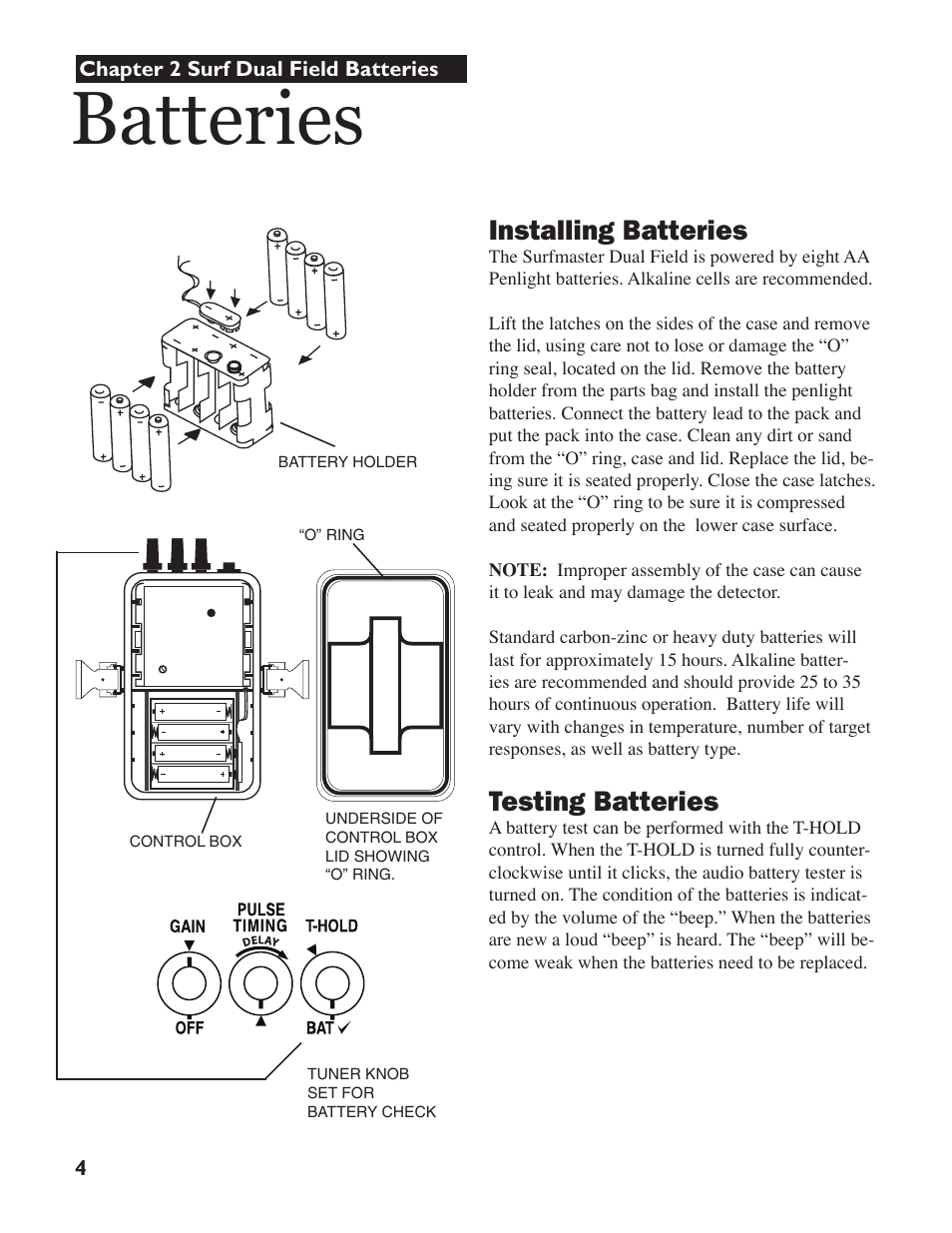 Batteries, Case, Installing batteries | Testing batteries | White’s Electronics Surfmaster DualField User Manual | Page 4 / 16